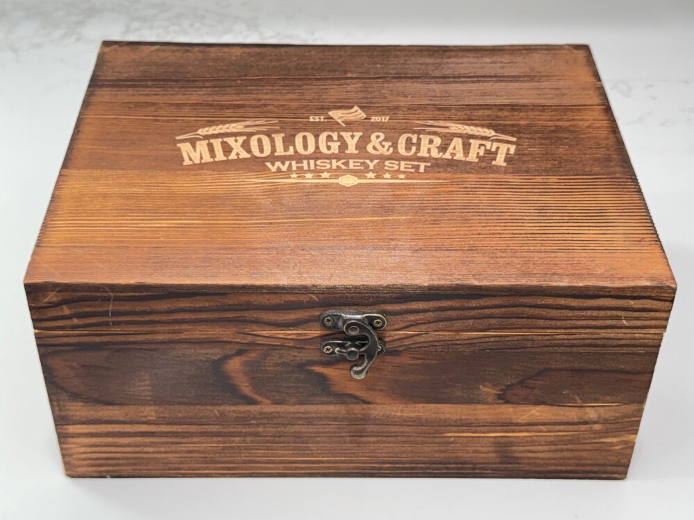 Mixology Craft Whiskey Gift Set Wooden Box Set 2 Glasses Slate Coasters Stones